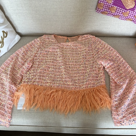 Sequined Pink/ Melon NEW faux feathered long sleeve crop top size large - Picture 2 of 6